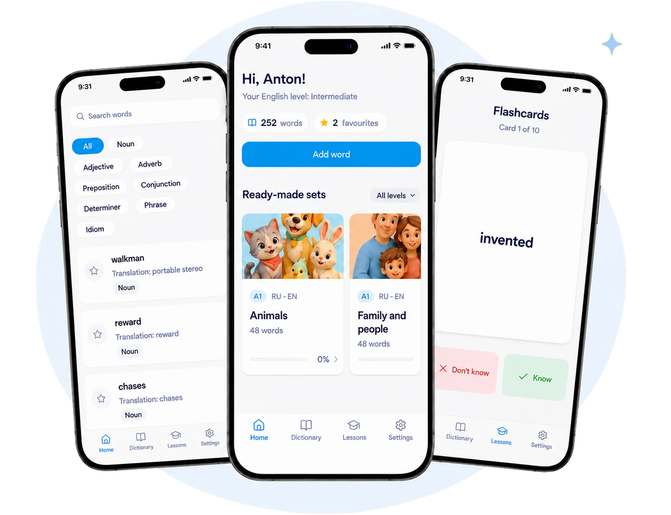 LinguaBoost shown on three phone screens: dictionary, home and flashcards